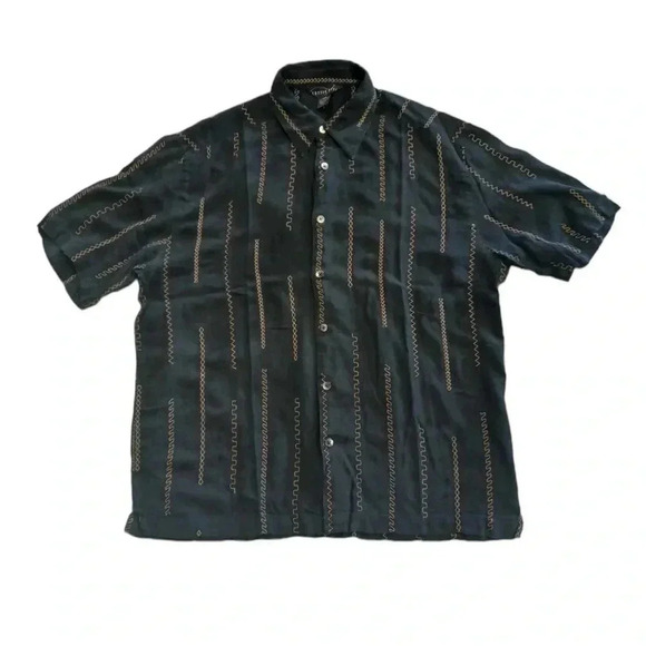 Cotton Reel 100% Silk Black Gold Button Down Short Sleeve Shirt Size L - Picture 5 of 11